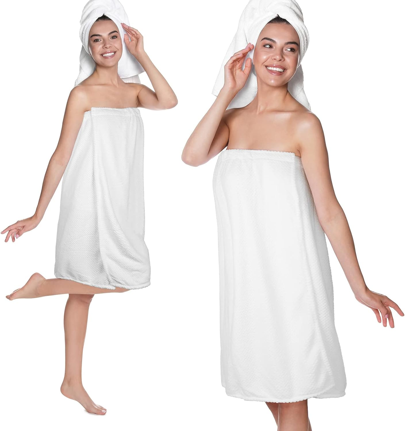 Tigeen 2 Pcs Towel Wrap for Women Lightweight Spa Robe with Adjustable Closure Elastic Top Soft Bathrobe Spa Wrap(Medium,White) image number 3