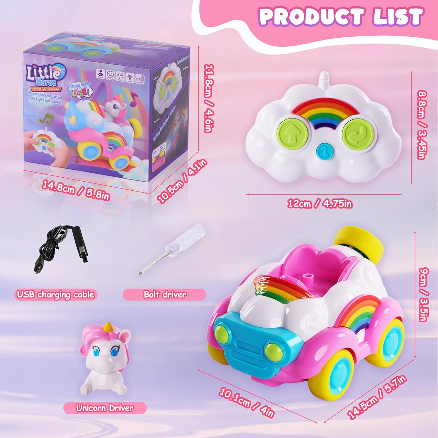 Remote Control Car, Pink Unicorn RC Cars, Cartoon RC Race Car with Cute Cool LED Lights, Toy Car with Music & Sound Toy for Toddler Kids, Baby Toys Birthday Gifts for Kids Girl Age 1 2 3