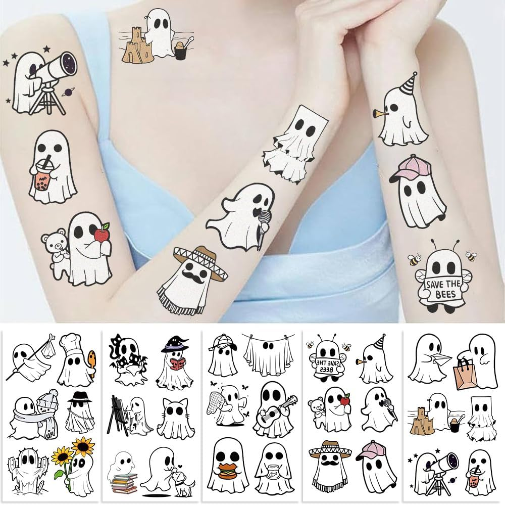 10 Sheet Ghost Halloween Waterproof Temporary Tattoos for Kids Party Supplies, Temp Tattoo Stickers for Kids Girls Boys Birthday Party Favors Activities (Ghost)