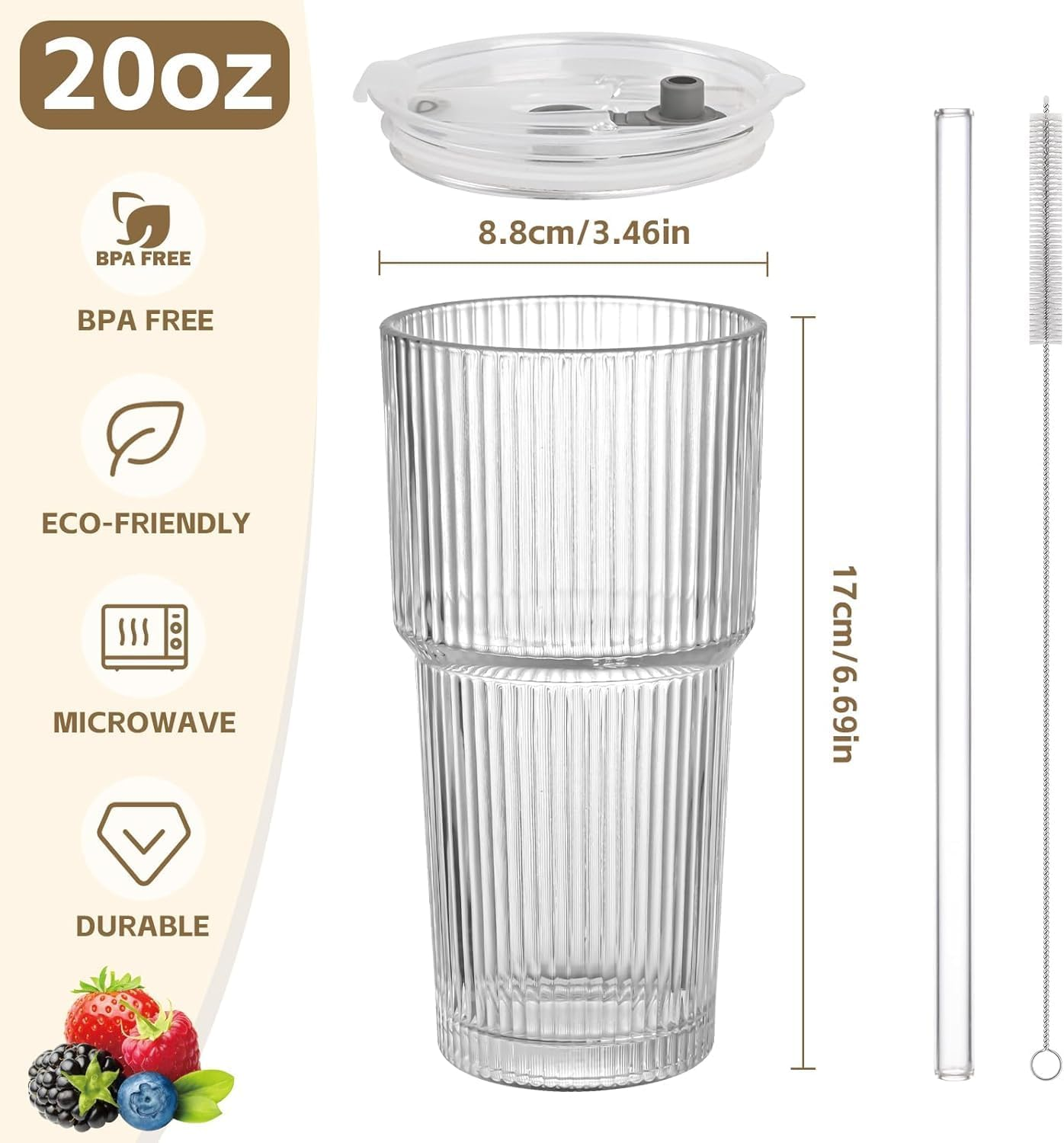 20 Oz Ribbed Glass Tumblers with Lids and Glass Straws &ndash; 4-Piece Glassware Set, Thickened Glass, Ideal for Iced Coffee, Smoothies, Cocktails, and Juices &ndash; Elegant and Durable Drinkware (4) image number 3