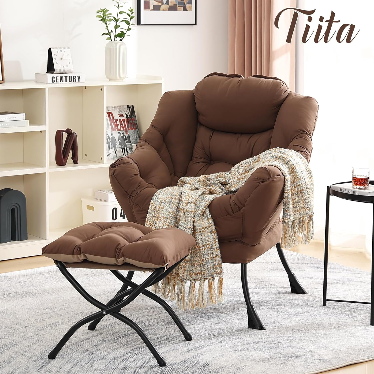 Tiita Lazy Chair with Ottoman, Modern Large Accent Lounge Armchair, Comfy Leisure Sofa Reading Chair with Footrest for Bedroom, Living Room, Dorm Rooms, Garden and Courtyard, Brown - Peach　Blue image number 5