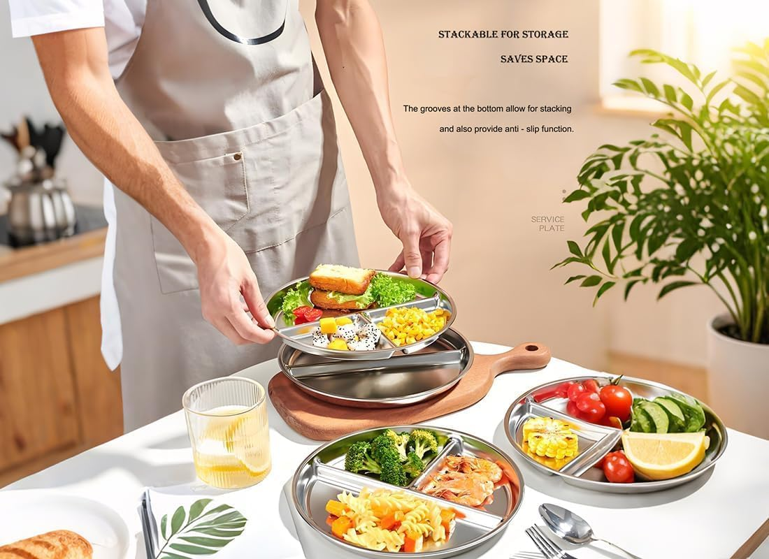 Stainless Steel Plates 5 Packs, Portion Control Platter with 3-Compartment, Unbreakable Dinner Plates, Divided Food Tray Stainless Steel Plate for Adults Kids, Camping, Lunch and Dinner image number 6