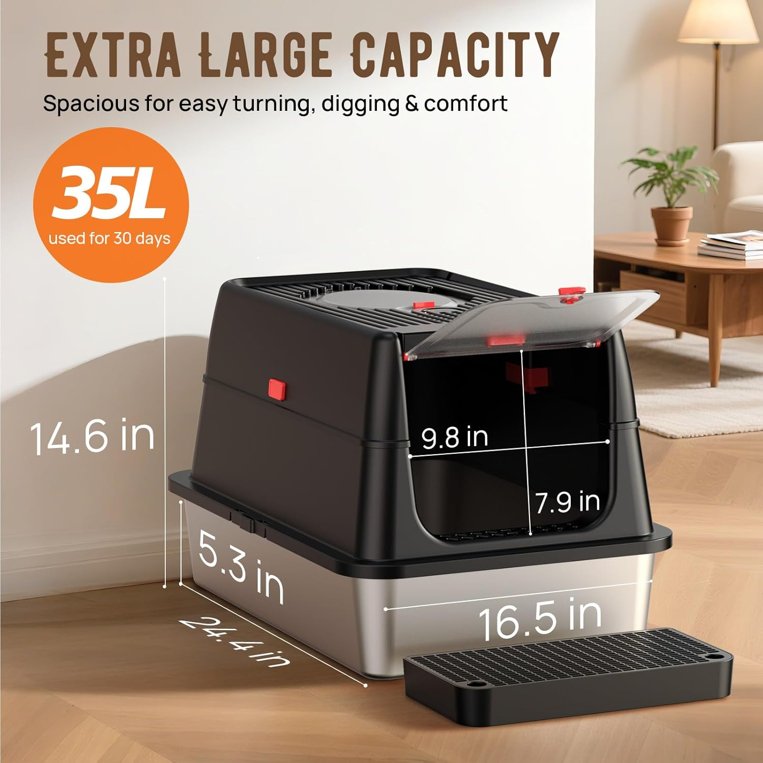 Stainless Steel Cat Litter Box: Enclosed Cat Litter Boxes with Lid - Extra Large Metal Kitty Litterbox with High Sides Top Entry XL Litter Pan Tray for Big Cats Anti-Leakage(Xl Black) - Black New image number 3