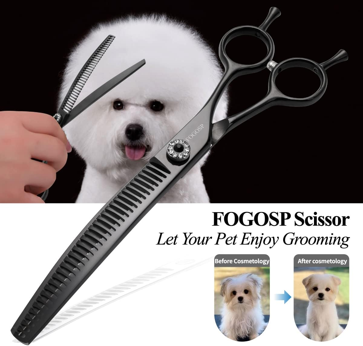 FOGOSP Curved Thinning Shears 7'' Chunker Shears Japan 440C Stainless Steel Professional Dog Scissors for Grooming Small Medium Pet 75% Thinning Rate(Black) image number 6