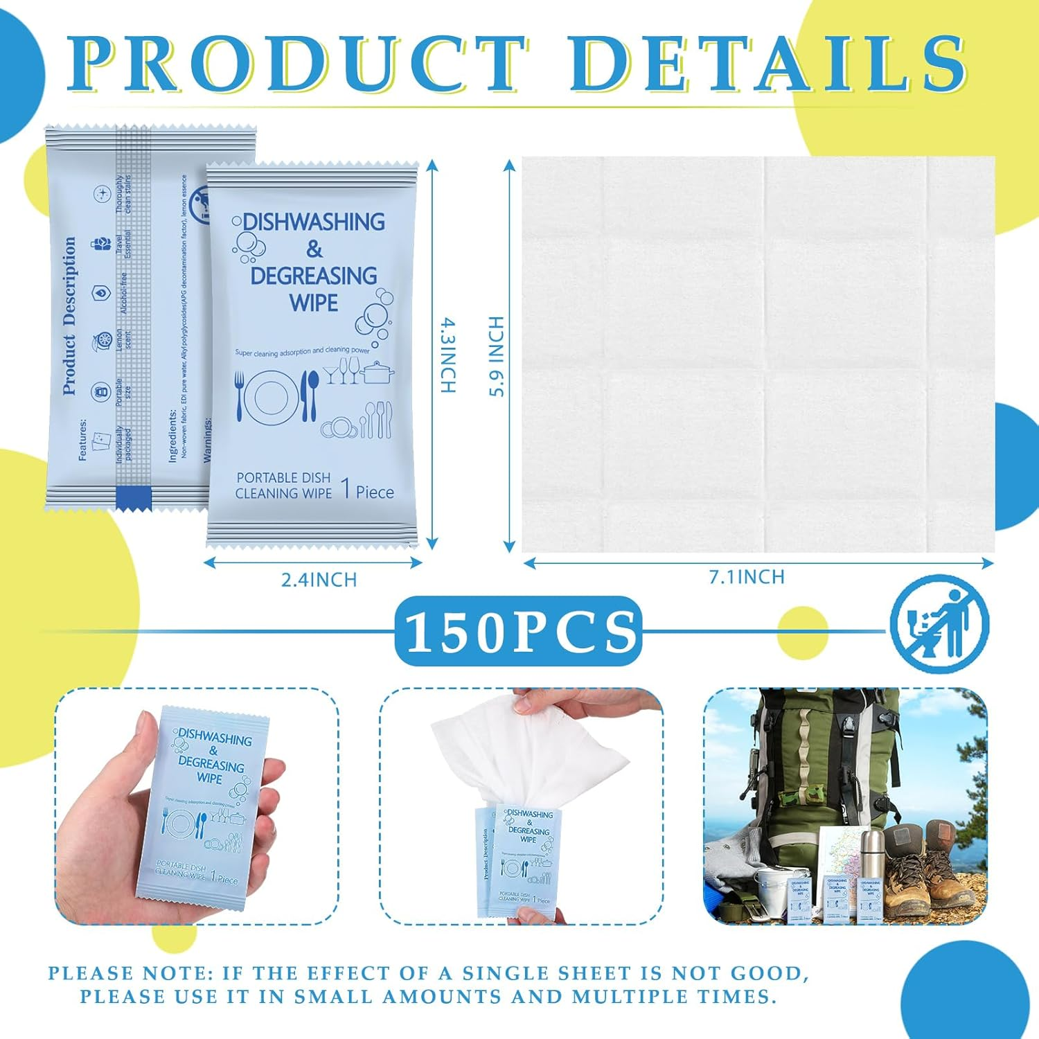 Tondiamo 300 Pcs Portable Wipes Dish Wipes Single Use Wet Wipes Individually Wrapped Traveling Dish Wipe with Lemon Scent for Quick Work Family Outdoor Camping image number 1