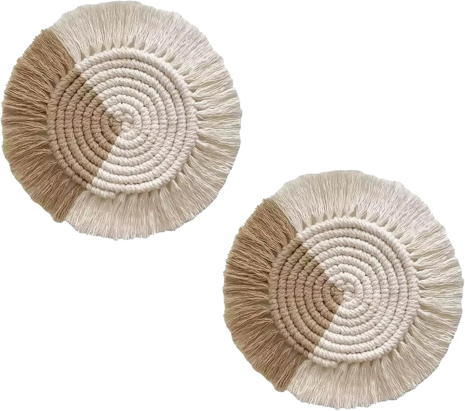 CENZICOM Boho Woven Macrame Coasters, Absorbent Drink Coasters for Desk, Set of 2, Farmhouse Home Decor (Khaki-Whitex2) image number 4