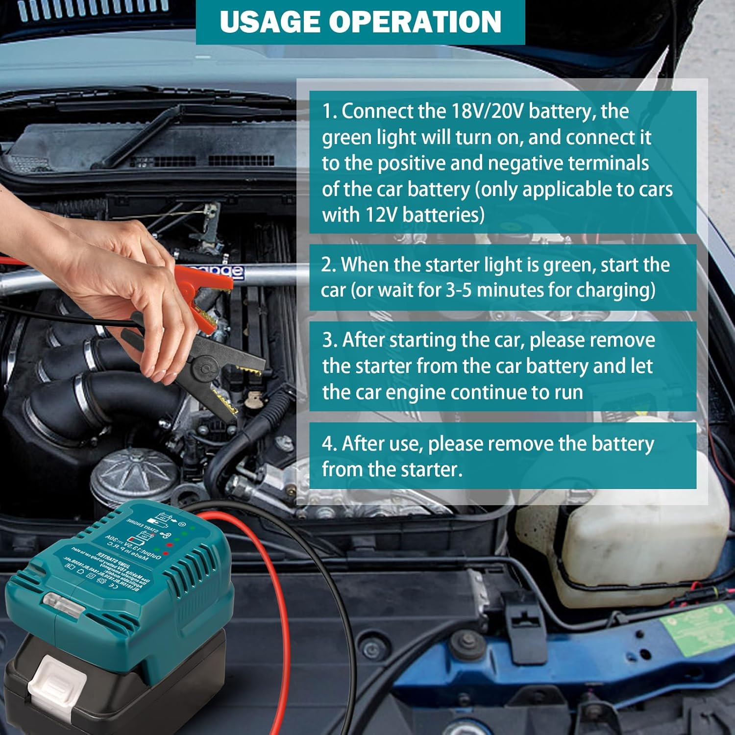 Jumper Adapter Kit for Makita 18V Battery, 11AWG Cable for Jump Starting Car Using Tool Battery (Not Included), Use under 3.5 Liters image number 6