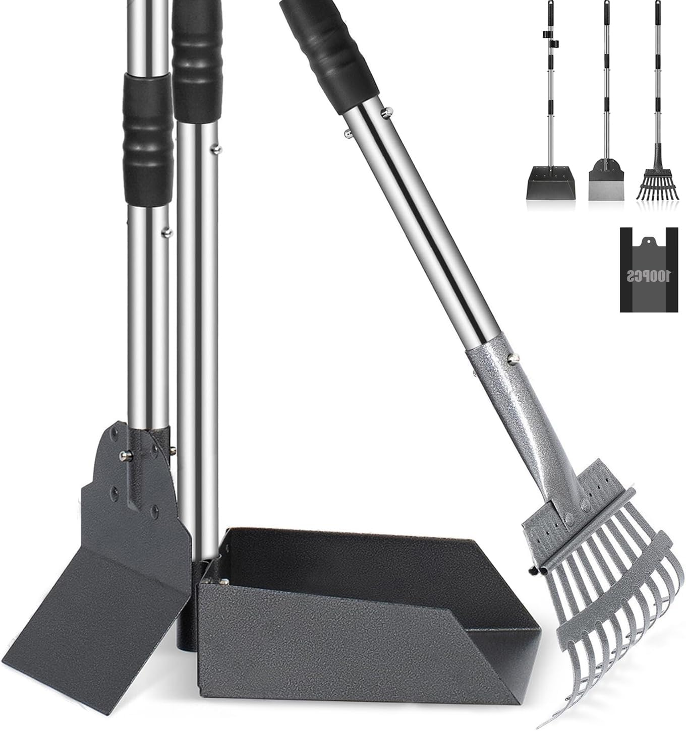 Dog Pooper Scooper, Dog Poop Tray and Rake Set, Adjustable Long - Handle Metal Waste Scoop with Tray for Pet Waste. No - Bending Clean - up in Courtyards & Gardens