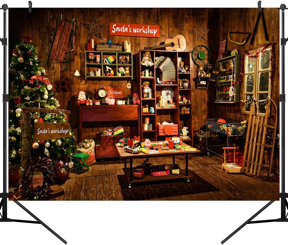 Christmas Santa'S Workshop Photography Backdrop Vintage Rustic Wood House Cottage Gift Xmas Tree Decoration Background Kids Indoor Portrait Photo Studio Photobooth Props 7X5FT CEM251B image number 5