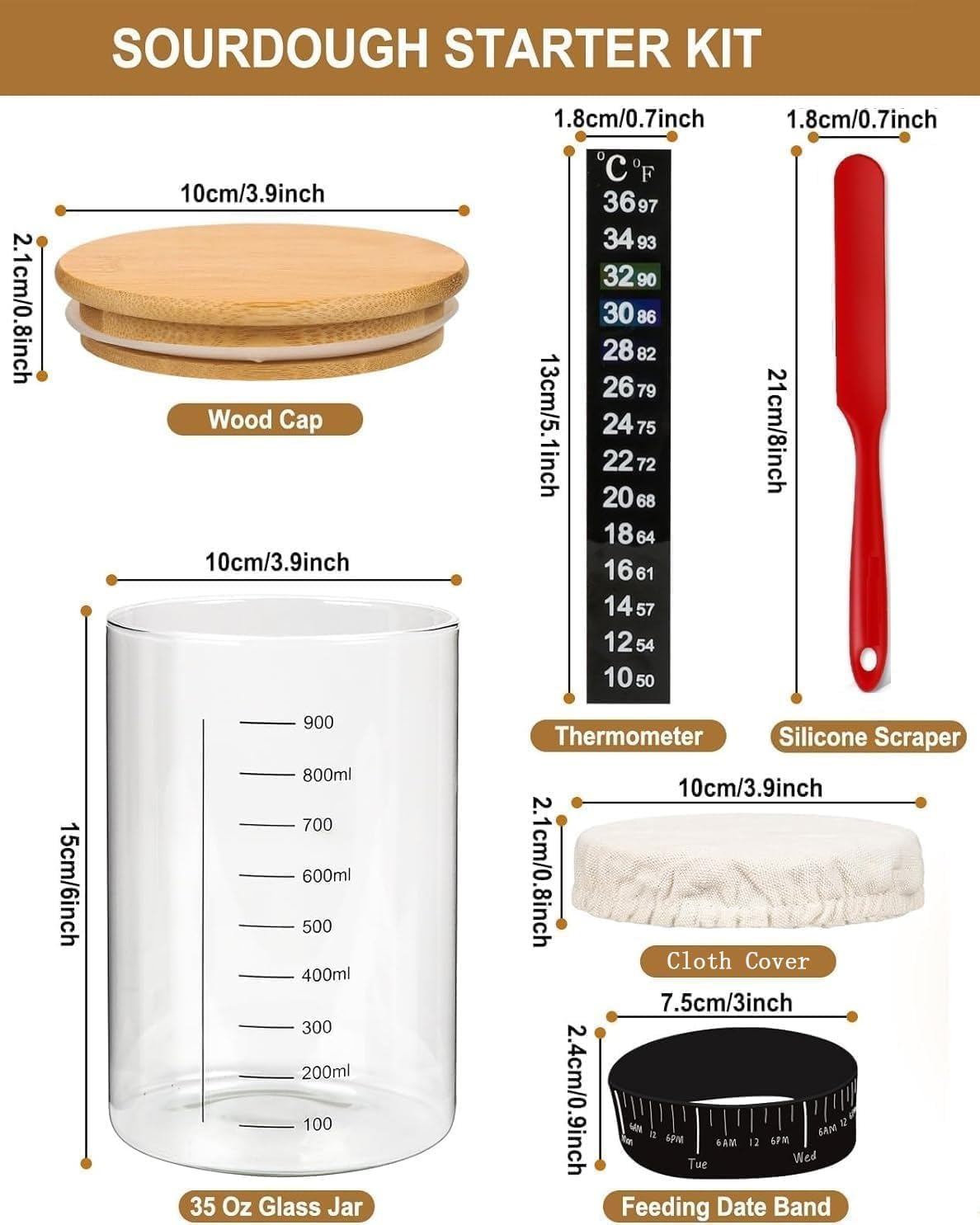 Complete Sourdough Bread Baking Supplies, Sourdough Starter Kit, 35Oz Sourdough Starter Jar, 2 Bread Proofing Baskets, Thermometer, Feeding Time Tracker, Metal Scraper, Easy to Clean