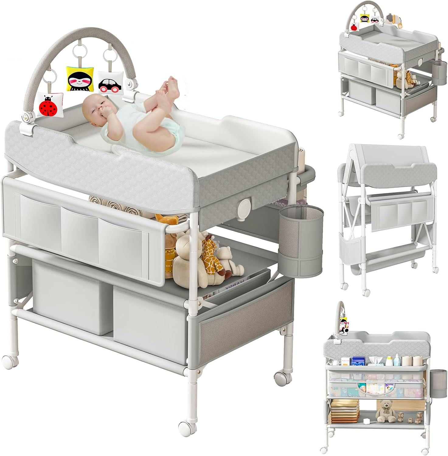 Baby Changing Table with Drawers, Waterproof Versatile Folding Diaper Changing Station with Storage, Adjustable Height, Portable Diaper Chang Ing Station, Mobile Nursery for Infant and Newborn image number 5