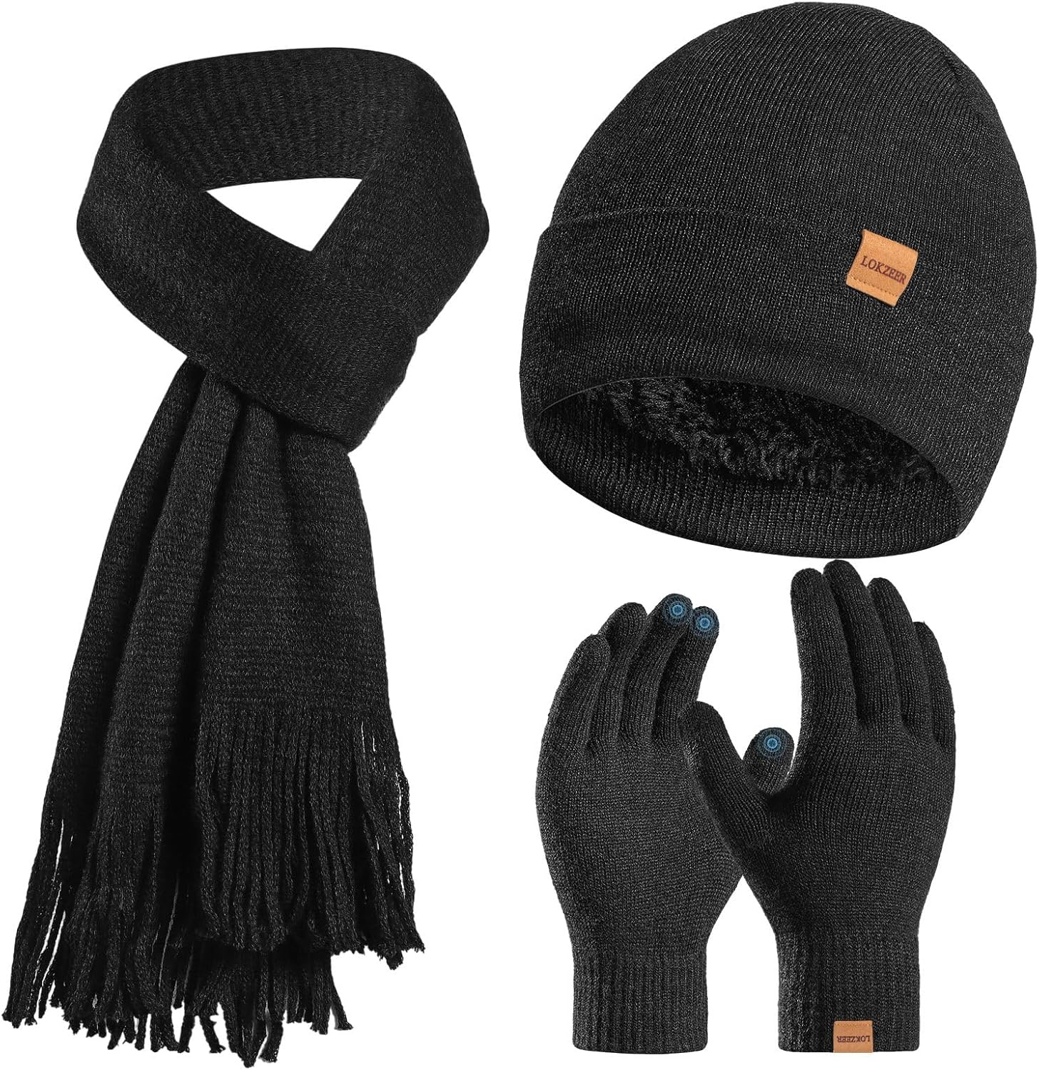 LOKZEER Winter Hat Gloves Scarf Set for Women: Knit Beanie with Fleece Lining, Touchscreen Thermal Gloves, Warm Soft Knitted Scarf 3Pcs Winter Accessories Gift Set - One Size