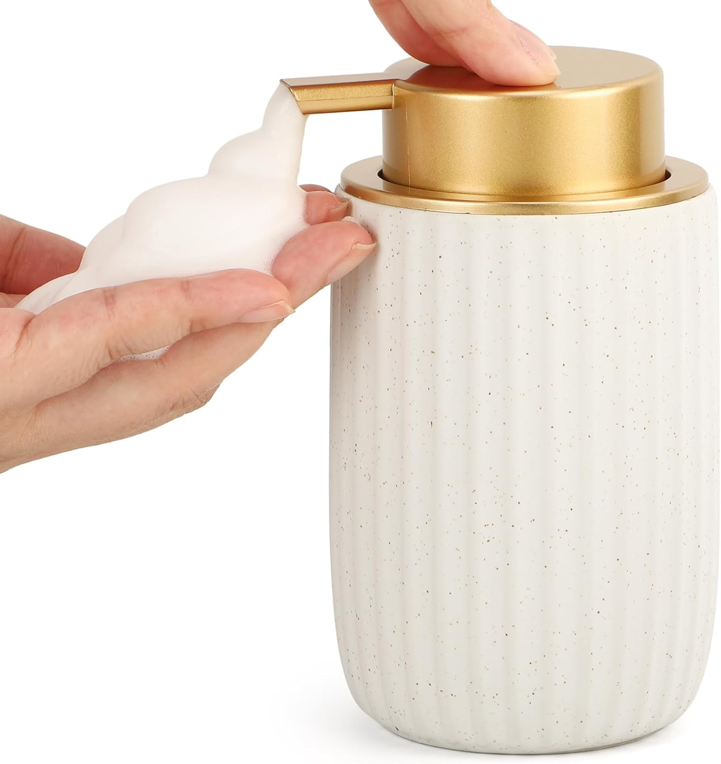 Segbeauty Foaming Soap Dispenser, 320Ml Hand Soap Dispenser Ceramic, Refillable Pump Bottle Dispenser, Foaming Hand Wash Dispenser with Gold Plastic Pump, for Kitchen Decor (White)