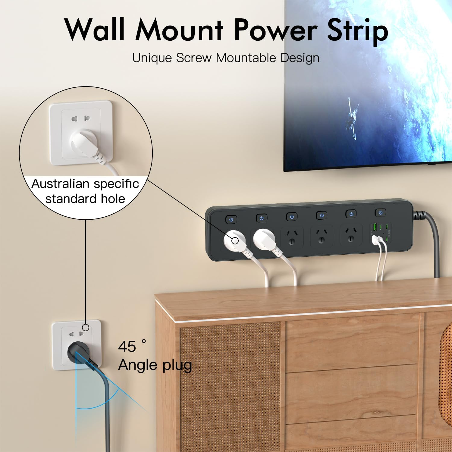 BOCHLION Power Strip with Independent Switch, Surge Protector Power Strip with 6 USB Ports, 1.8 Meter Extension Power Strip, Suitable for Wall Mounting in Home Office. (Black) image number 2