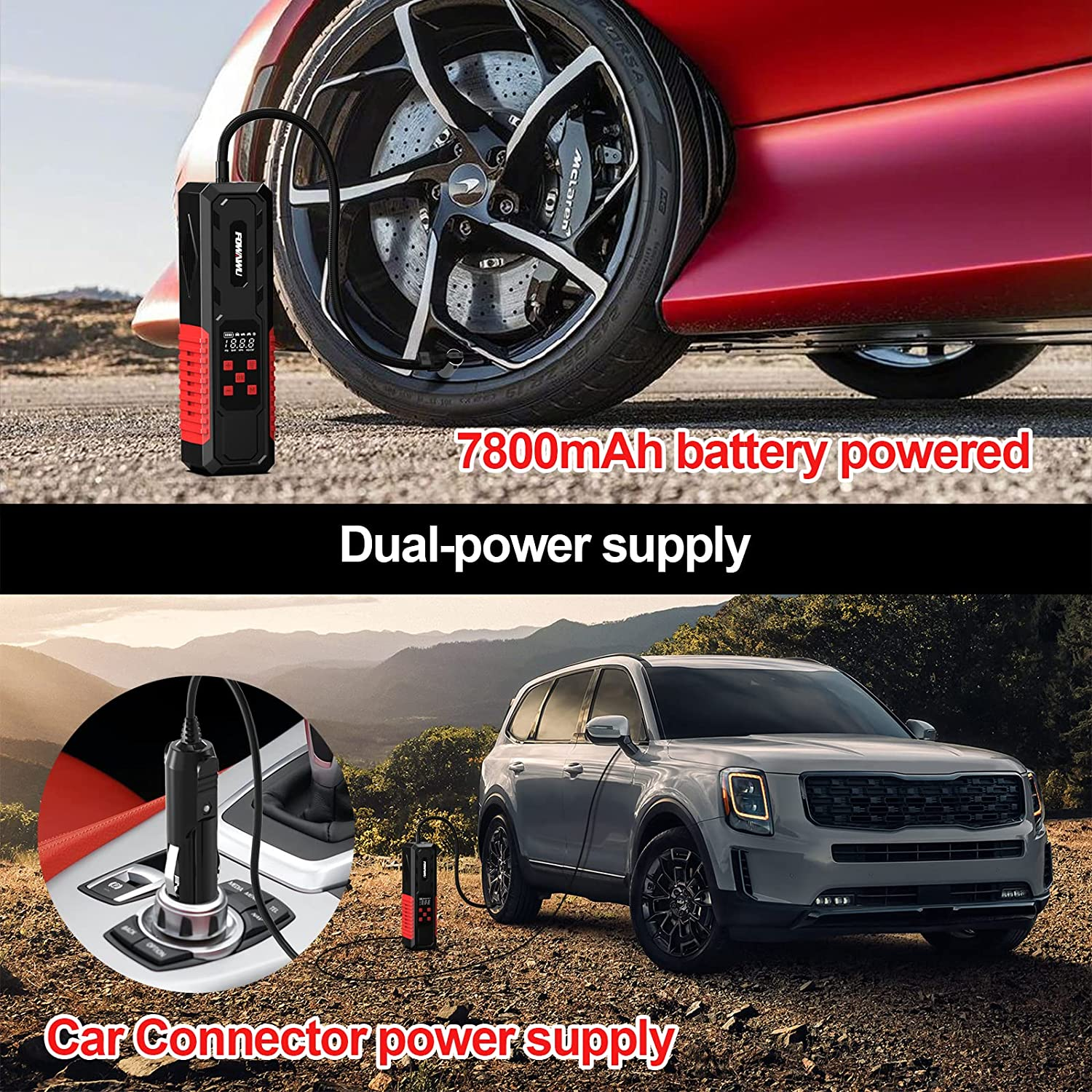 FOWAWU Car Tyre Inflator 150PSI 7800Mah,Portable Air Compressor Tire Inflator Electric Bike Pump with LED Flashlight DC 12V,Car Tyre Pump for Bike Motorcycle Ball Smart Digital Air Pressure Detection image number 5