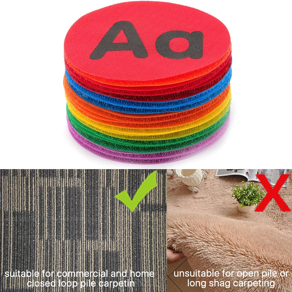 VANANA 26 Pieces English Alphabet Letter Carpet Sticker Sit Magic round Shape Marker Circles Dot for Preschool Kindergarten Game Classroom