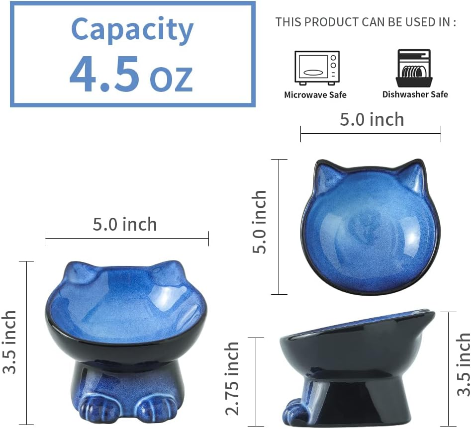 Nihow Slanted Elevated Cat Bowls: 5 Inch Ceramic Raised Cat Food Bowl for Protecting Pet'S Spine - Microwave & Dishwasher Safe -Elegant Blue & Black (4.5 OZ /1 PC) image number 3