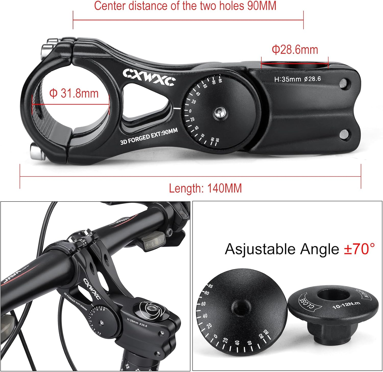 CXWXC Adjustable MTB Stem 31.8Mm 85 Degree - 90/110/145Mm Bike Stem Riser for Handlebar - Aluminum Alloy Mountain Bike Handlebar Riser Extender for MTB Road City Bike Bicycle (31.8 X 90Mm) image number 5