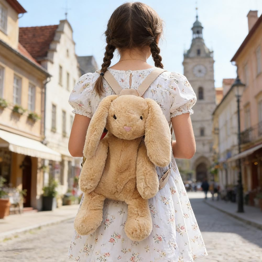 Mellsunny Cute Fuzz Plush Animal Backpack Rabbit Backpack Kawaii Bunny Backpack Fluffy Shoulder Bag Casual Daypack - Khaki image number 2