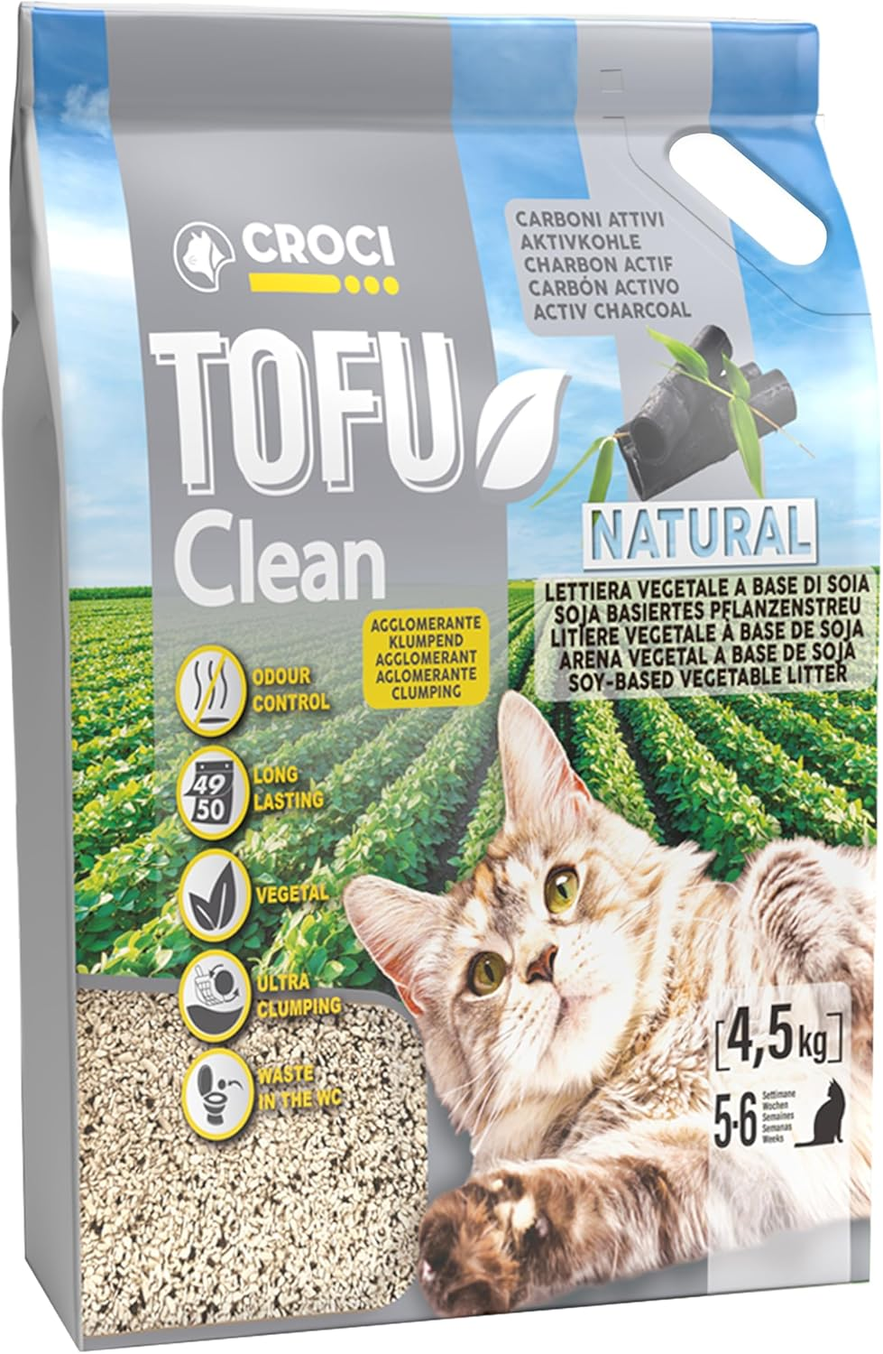 Croci Tofu Clean 10L Activated Carbon Litter &ndash; Cat Litter Bouncing Odour Free with Activated Carbon, Biodegradable to Throw into the Toilet, 100% Vegetable, Long-Lasting Sand