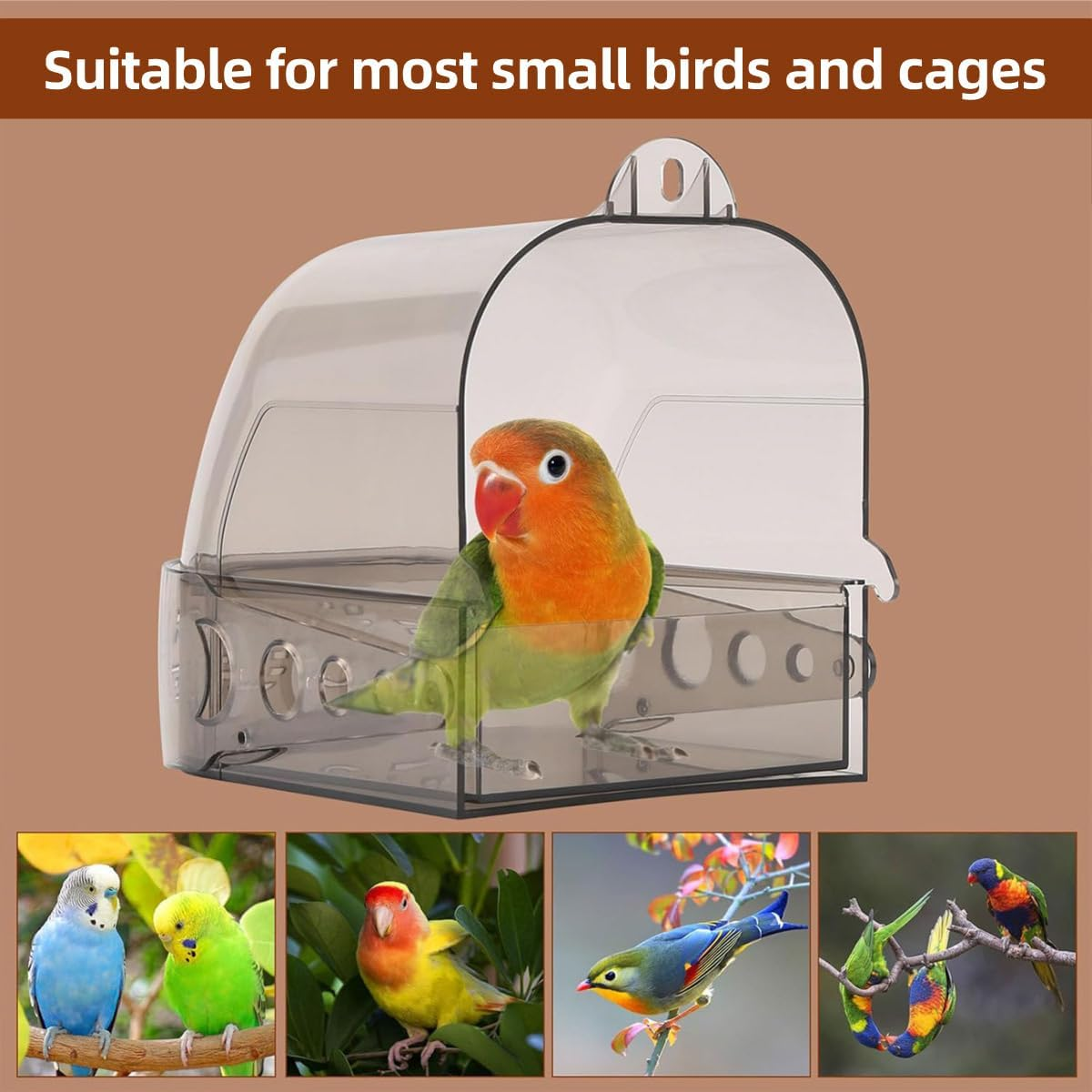 AIMALL Extra Large Transparent Parrot Bird Bath Box, Tiger Skin Xuan Feng Starling Bath Basin with Drawer, Clear Bird Cage Accessories - 13 X 15.5 X 15.5 Cm image number 4