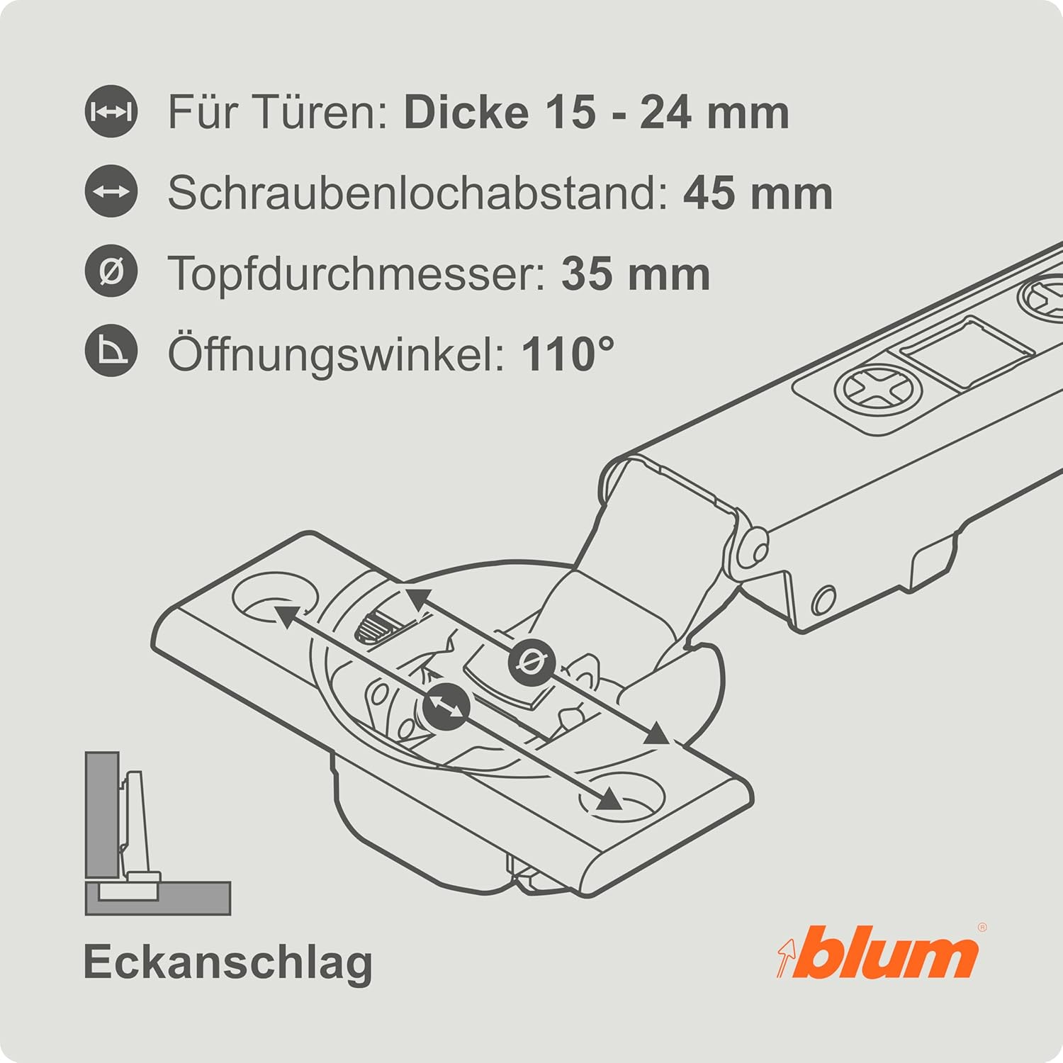Blum 2 X Clip Top Blumotion Furniture Hinge 110&deg; Straight with Spring, Corner Stop + Blum Clip Eccentric Cross Mounting Plate, Steel, Screw Variant, Distance 0 Mm, Pot Hinge Diameter = 35 Mm image number 6