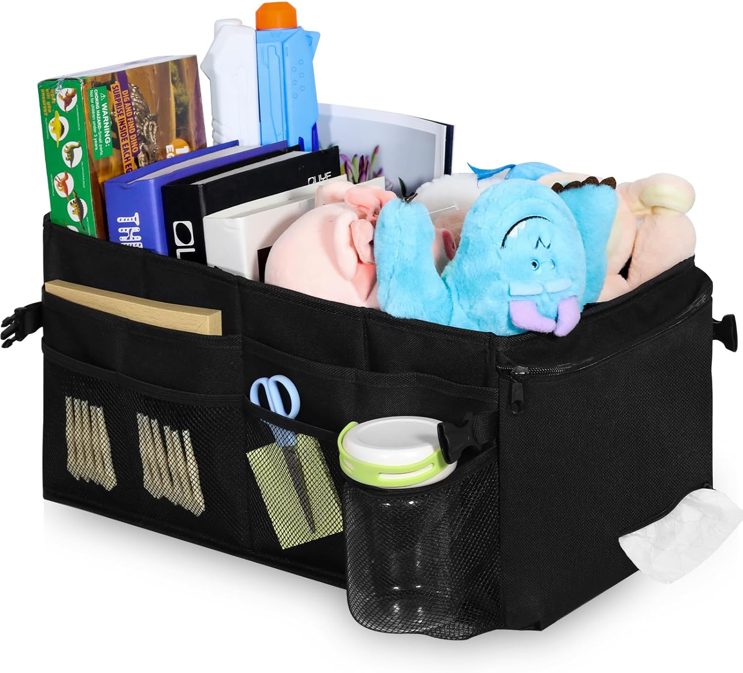 Car Organiser for Front and Back Seat - Keep Your Car Tidy and Organised with Multiple Pockets, Cup Holders, and Adjustable Dividers for Toys, Books, Snacks, Water Cups, Umbrellas, Baby Bottles. image number 6
