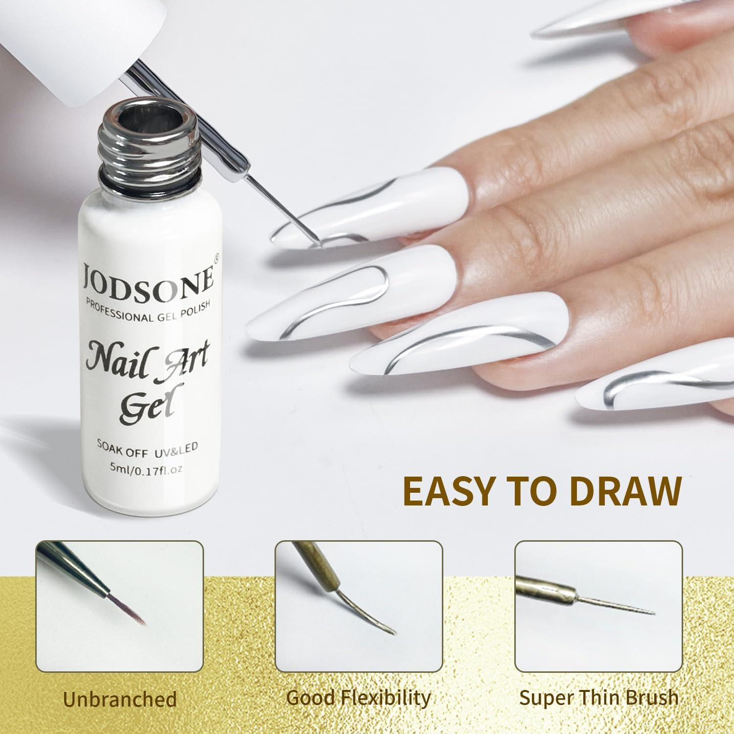 JODSONE 2Pcs Metallic Nail Art Gel Liner Gold Mirror Chrome and Silvery 3D Effect Gel Nail Polish Thin Brush Metal Painted DIY at Home Salon image number 4