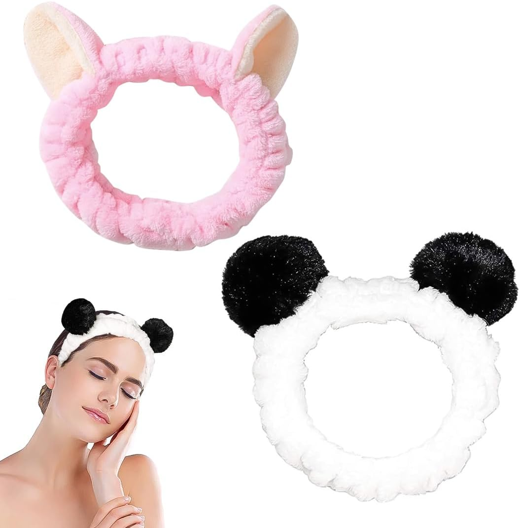 FUKPO Hair Band Cosmetic Rabbit Ears Cat Ears Make up Headbands Shower Hair Band Washing Face Cosmetic Headband Elastic Coral Fleece Hair Bands Women'S Yoga Sport Spa Beauty Pack of 2