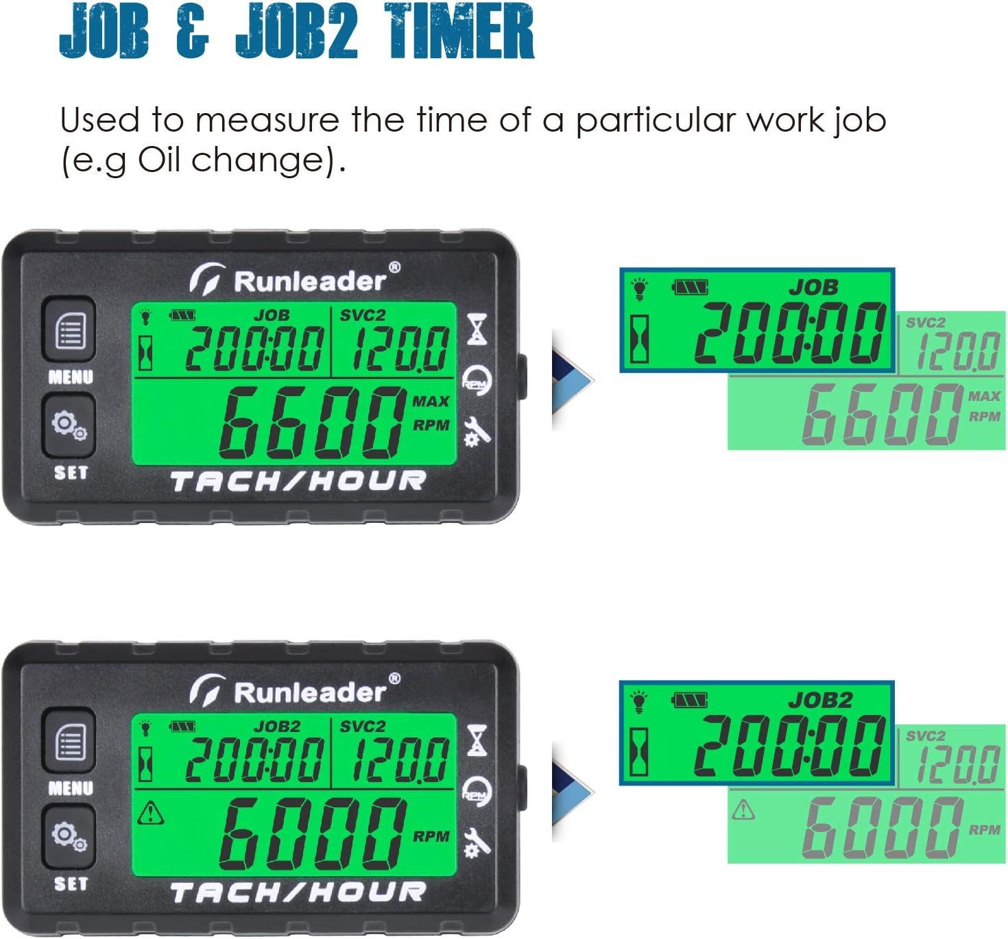 Runleader Hour Meter Tachometer, Maintenance Reminder, Alert RPM Reminder, Initial Hours Settable, Battery Replaceable, Use for Lawn Mower Generator Marine ATV and Gas Powered Equipment (HM058B-BK) - Hm058B-Bu image number 3