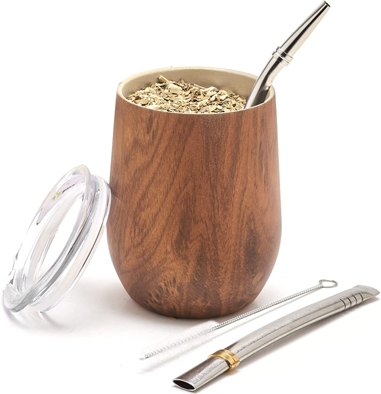 BALIBETOV Modern Mate Cup and Bombilla Set (Yerba Mate Cup) -Yerba Mate Set Includes Double Walled 18/8 Stainless Steel Mate Tea Cup, Two Bombilla Mate (Straw) and a Cleaning Brush (12 Oz, Wood)