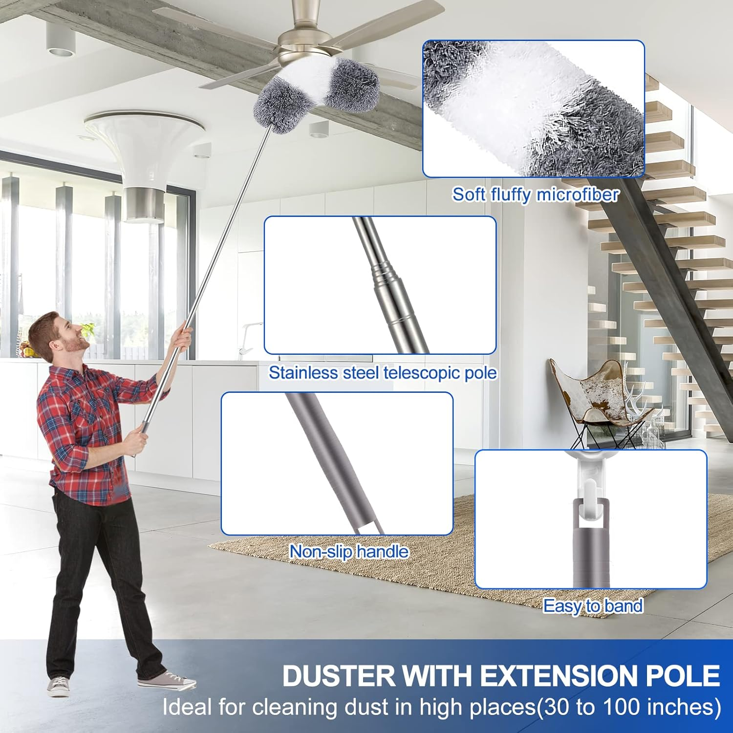 Microfiber Duster Kit (11PCS) - Washable Dusters with Extension Pole (30 to 100 In) for Cleaning Ceilings, Fans, Furniture image number 1