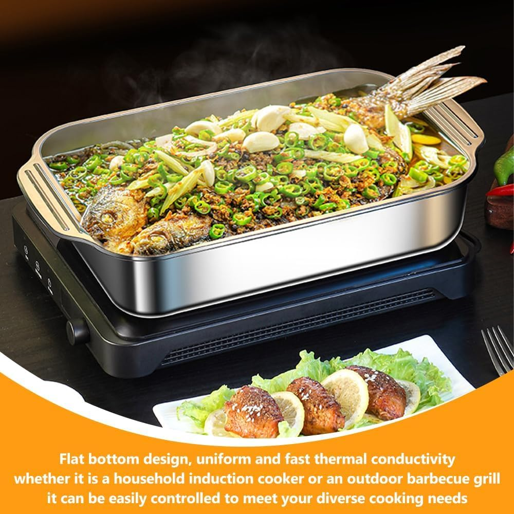 Stainless Steel Grill Pan with Lid, Deep Square Roast Pot, Commercial-Grade Fish Bake Boiler, Large Toast Seafood Caldron for Fish, for Oven/Stovetop/Bbq（41X21X8Cm）