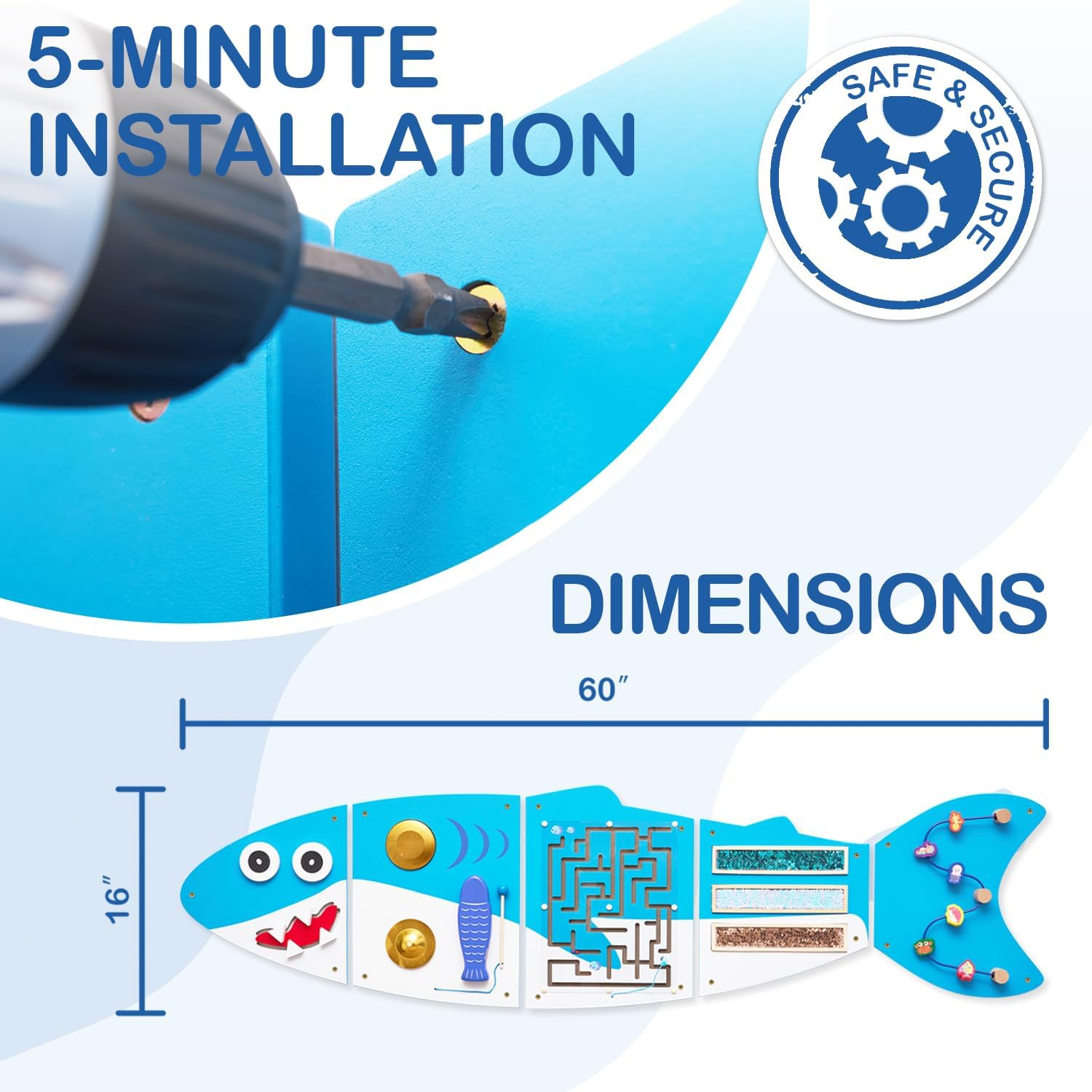 Shark Montessori Busy Board, Sensory Board, Educational Toys, Sensory Wall Panel, Wall Toys, Daycare Furniture, Playroom Furniture, Learning Toys, Boys and Girls 6 M+ image number 2