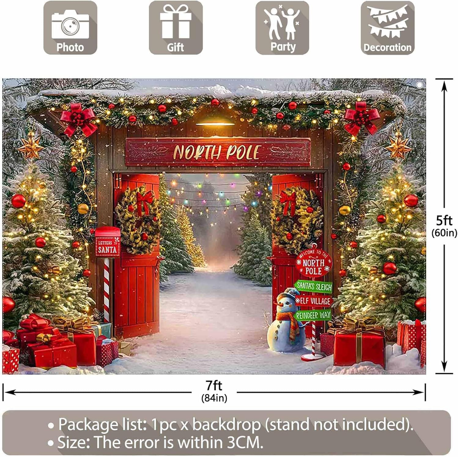 Christmas Backdrop,7X5Ft Xmas North Pole Barn Door Theme Background Photography for Merry Christmas New Year Family Holiday Party Supplies Photo Pictures Banner Studio Decor Booth Props image number 4