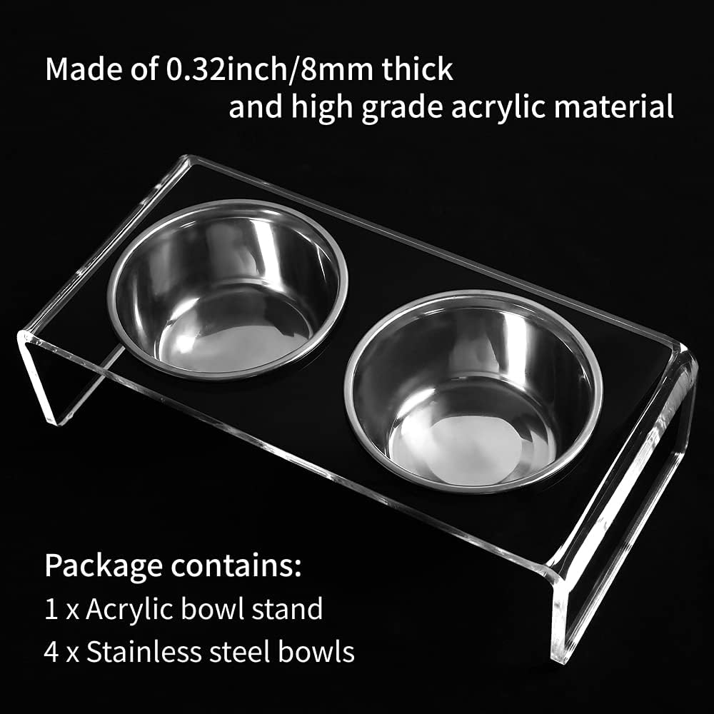 Acrylic Elevated Dog Cat Bowls Pet Feeder Double Bowl Raised Stand Comes with 4 Removable Stainless Steel Bowls. Perfect for Cats Puppies Small Dogs, 3.75 Inch