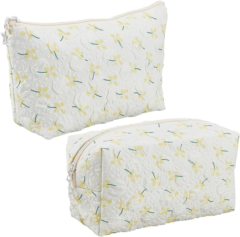 CABODYALS 2 Pieces 2 Styles Flowers Travel Cosmetic Bags Set White Quilted with Zip Make up Bags Cute Flowers Portable Storage Toiletries Organiser Make up Fabric Bag Bulk Pack