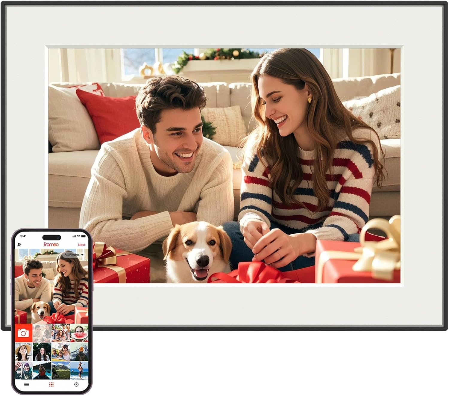 32GB Wifi Digital Photo Frame, 10.1 Inch Frameo Picture Frame,1280X800 HD IPS Touch Screen, Auto-Rotate, Share Photos/Videos Instantly via Frameo App from Anywhere, Wall Mountable.