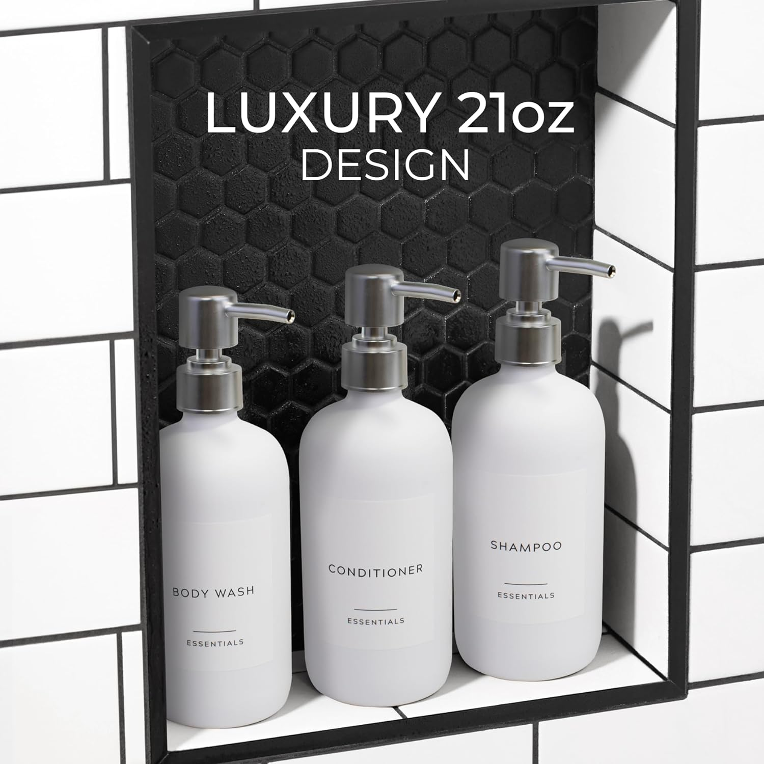 Stylish Shampoo and Conditioner Dispenser Set of 3 - Modern 21Oz Shower Soap Bottles with Pump and Labels - Easy to Refill Body Wash Dispensers for an Instant Bathroom Decor Upgrade - White image number 1