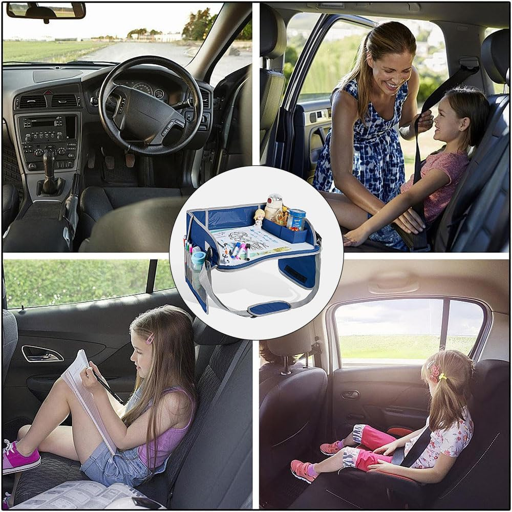 HYAVIA Kids Travel Tray with Whiteboard, Car Seat Drawing Board for Toddlers, Portable Activity Lap Tray with Storage Pockets & Adjustable Strap, Navy Blue, 44&times;34&times;11Cm image number 1