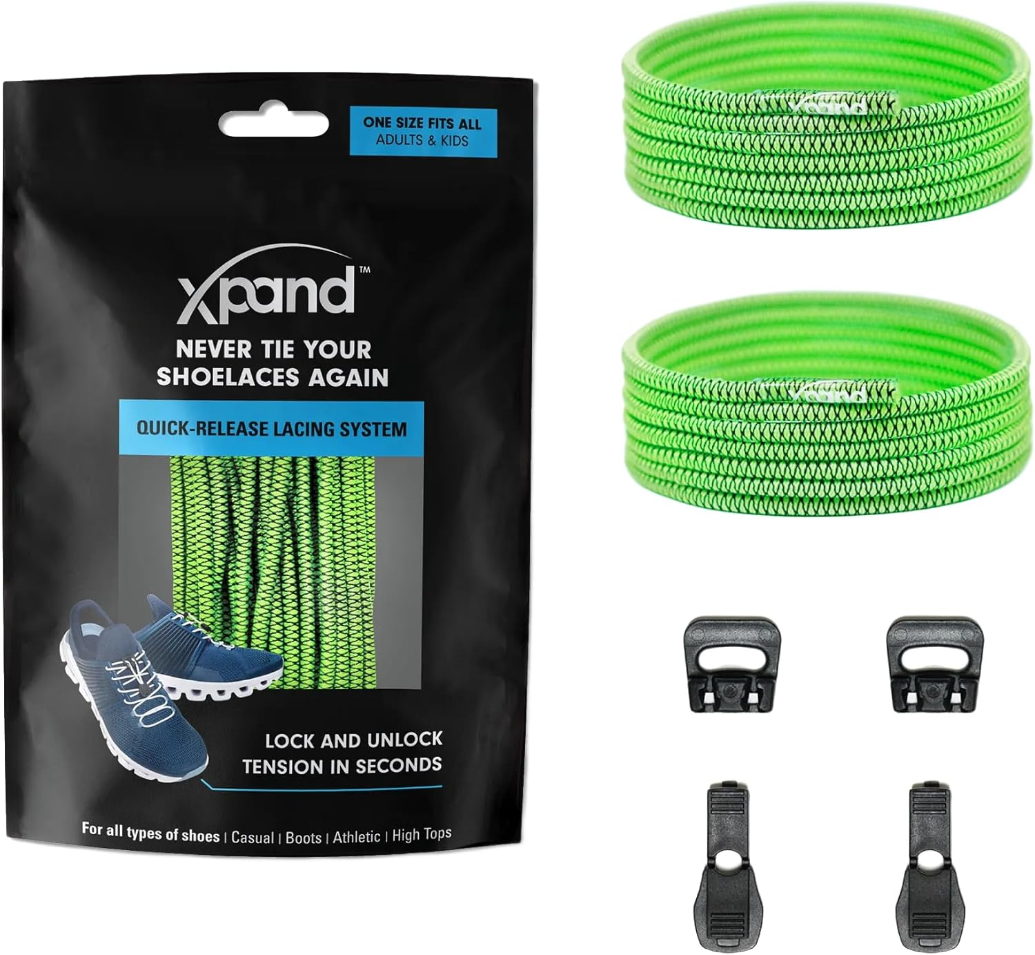 Xpand Quick Release Round-Lacing No Tie Shoelaces System with Elastic Laces - One Size Fits All Shoes (Patterned Neon Green, 132 Cm) image number 1