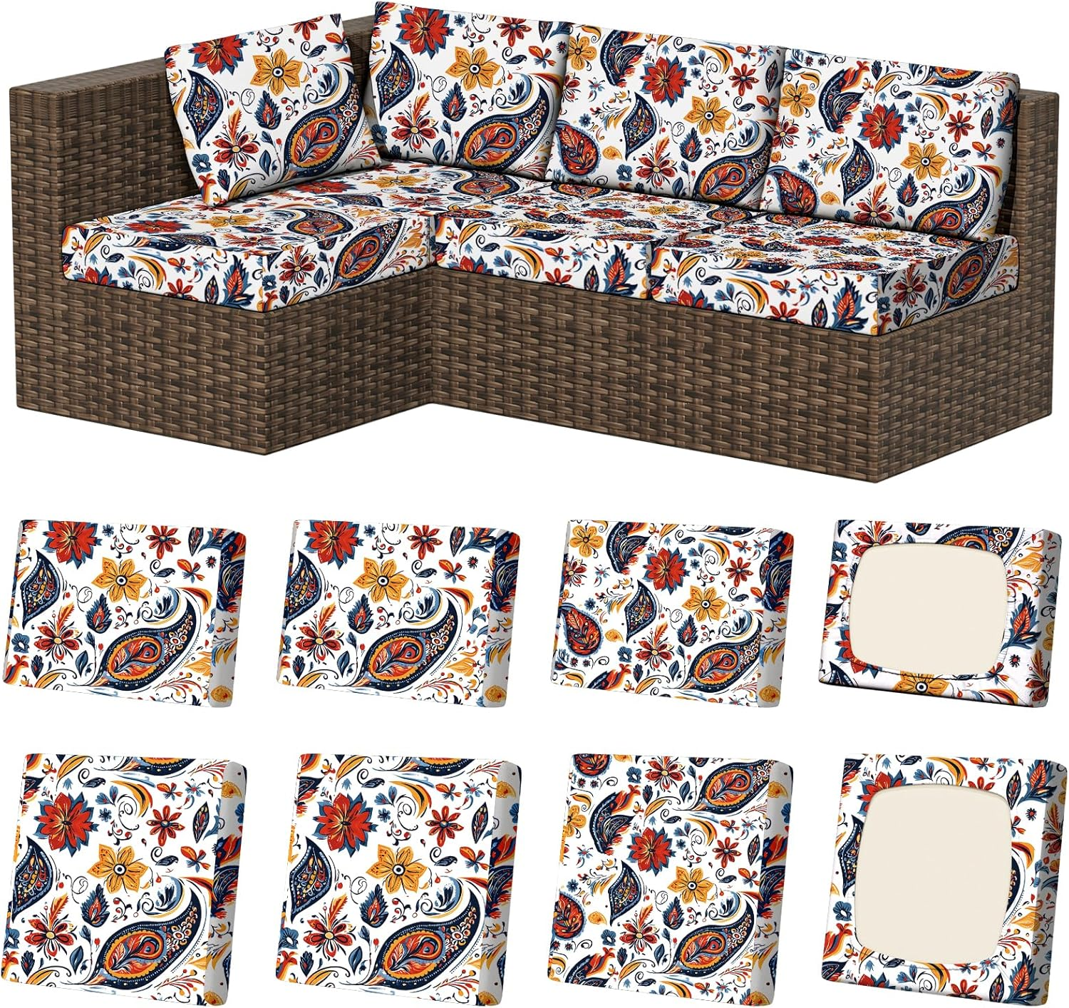 8Pcs Stretch Patio Cushion Covers, Outdoor Couch & Sofa Replacement Slipcovers for Patio Furniture Cushion Covers, Washable Reusable Furniture Protector, Square-Large, Petrol-Blue