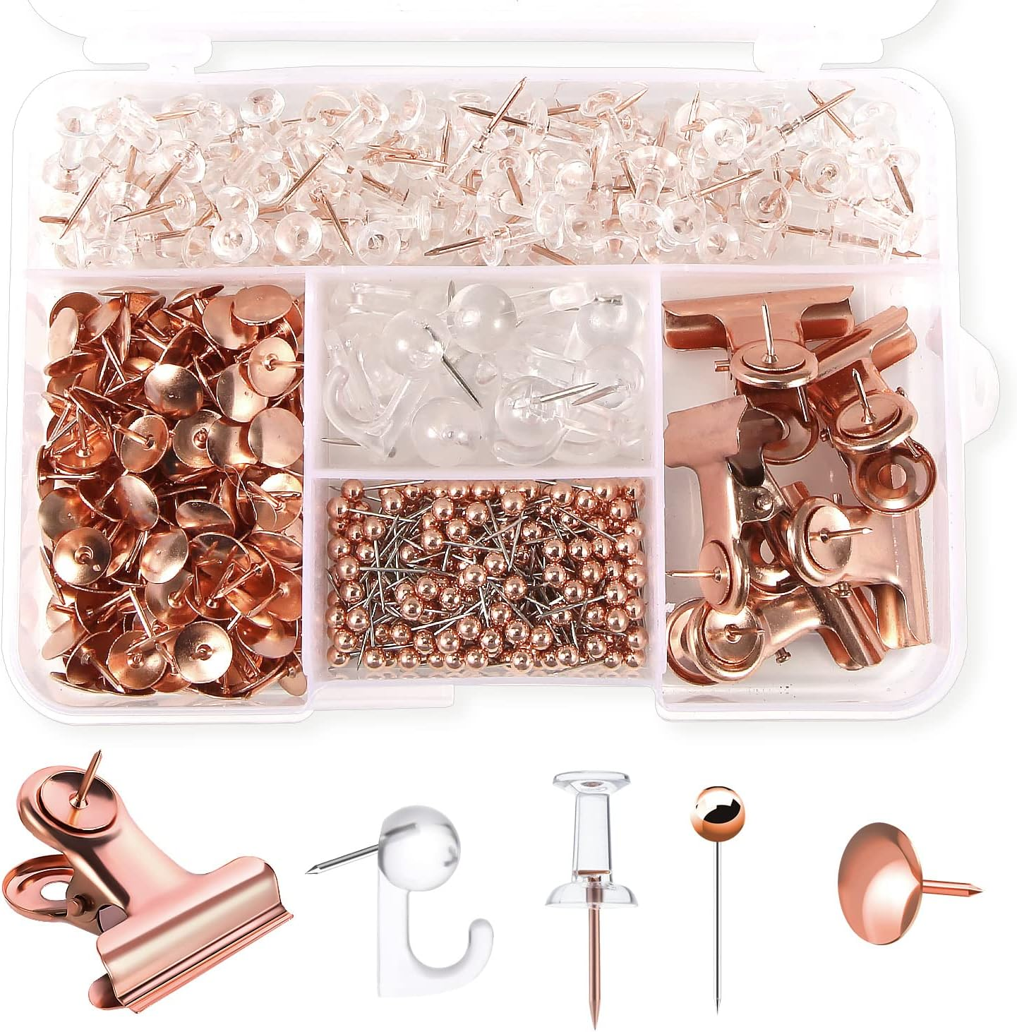 AIEX 465Pcs Clear Push Pins Set, Metal & Plastic Pushpins Clips Thumb Tacks and Push Pins for Cork Board Bulletin Board Wall 5 Styles Office Supplies (Rose Gold)