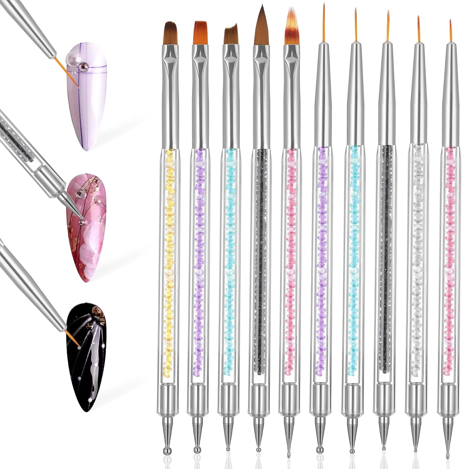 Double End Nail Brush, 10 Pieces Nail Design Brushes for Gel Nails, Acrylic Nail Brush Set with Nail Liner Brush and Dotting Painting Line Pen Nail Art Dotting Tools Professional Manicure Tool Set image number 3