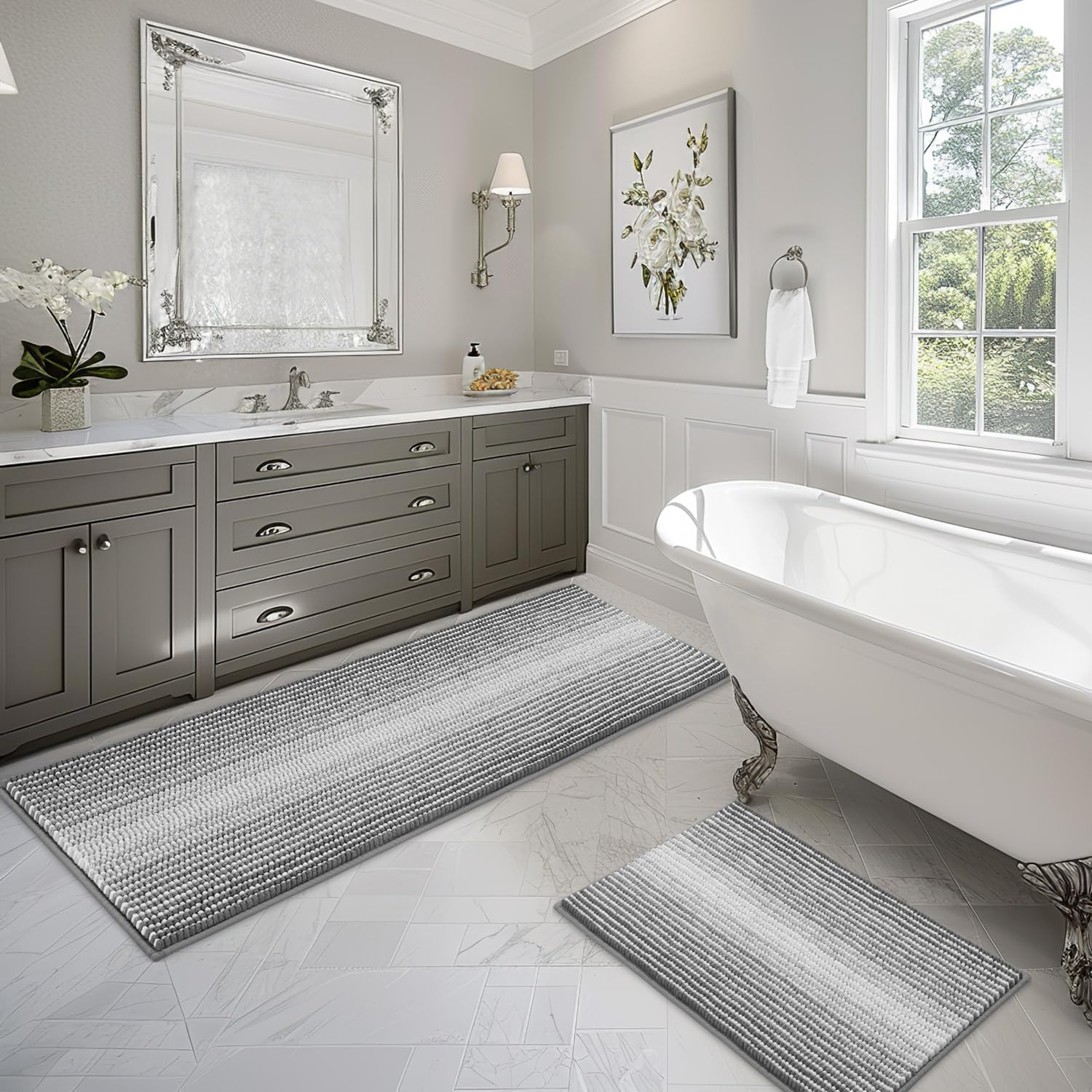 BSICPRO Bathroom Rugs and Mats Sets, 2 Piece Thick Absorbent Chenille Bath Mat Rug Set Non Slip, Soft Shaggy Room Floor for Bathroom, Machine Washable (20" X 32" plus 16" 24", Gray)