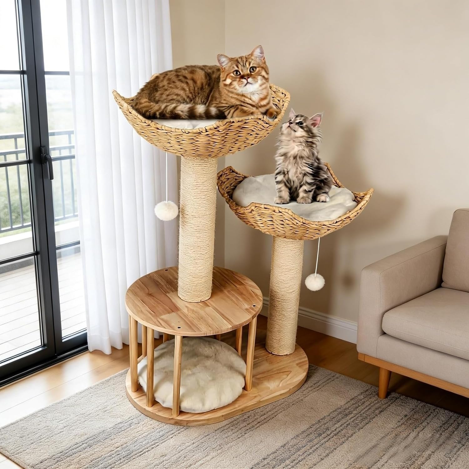 Bingopaw Wooden Cat Tower Tree: 3-Tier Kitten Tree Activity Tower Condo Furniture with Plush Cushion Cozy Rest Dangling Ball Sisal Scratching Post Indoor 60X40X99Hcm image number 6