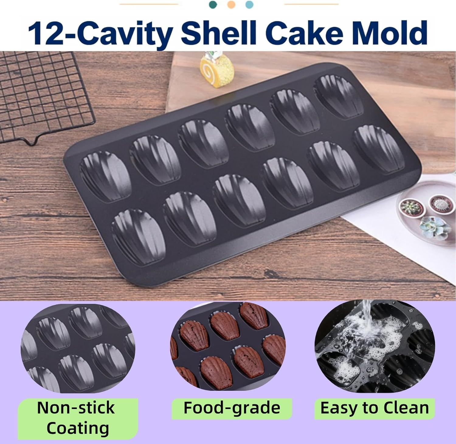Kalione Nonstick Madeleine Pan 2 Pack 12-Cavity Heavy Duty Cookies Trays for Oven Baking, Warp Resistant Shell Shape Madeleine Mold Cake Pan, Black image number 3