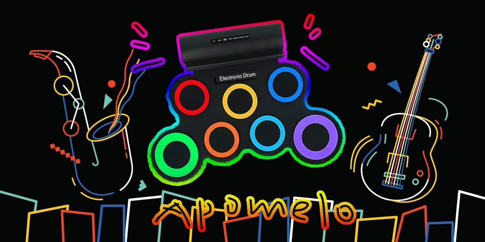 Electronic Drum Set, 7 Practice Drum Pads,Roll-Up Rechargeable Drum Set with Pedals,Sticks,Built-In Speaker/Headphone Jack, Rainbow Color image number 1