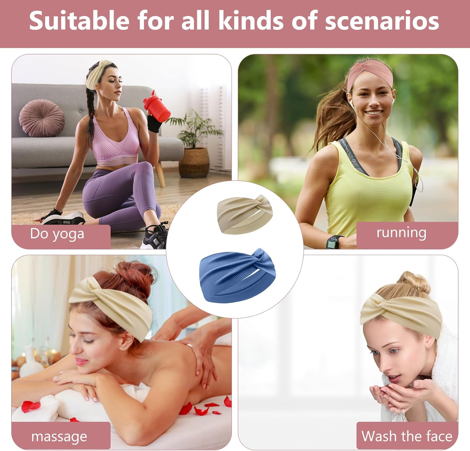 Women'S Elastic Hair Band, 5 Piece Headband Hair Accessories, Yoga Sports Headband, Women'S Elastic Headband off White, Navy Blue, Light Grey, Dark Grey, Pink image number 5