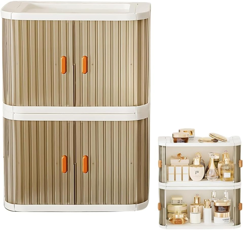 Ranqisys 2-Pack Desktop Storage Boxes with Drawers, Stackable Plastic Organizer for Cosmetics, Jewelry, Hair Accessories, Office Supplies, Masks & Medicine, Folding Design